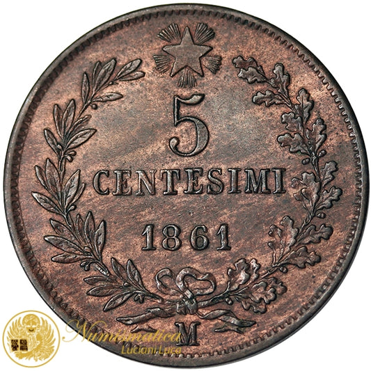 VITTORIO EMANUELE II 5 Centesimi 1861 Milano Cu Q.Fdc #P5
