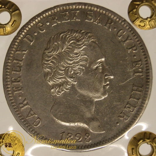REGNO DI SARDEGNA 5 Lire 1828 GENOVA Carlo Felice 1821-31 Ag Q.Spl #PV419