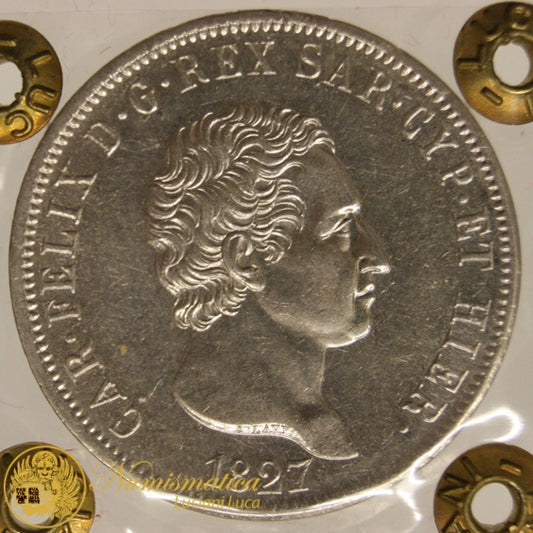 REGNO DI SARDEGNA 5 Lire 1827 GENOVA Carlo Felice 1821-31 Ag Spl+ #PV320