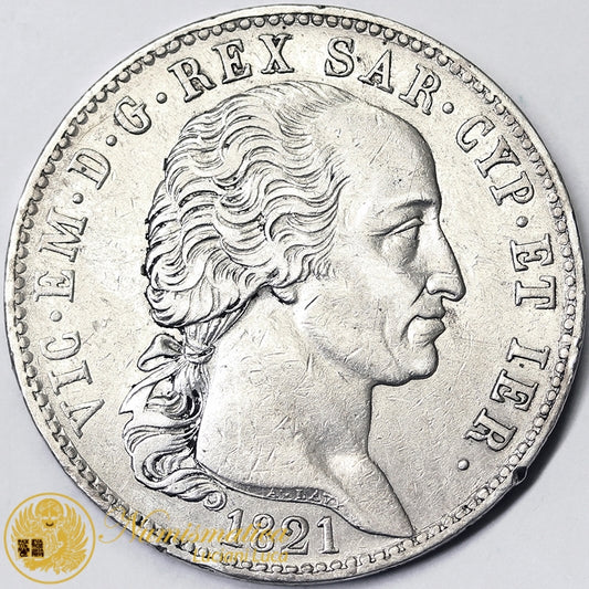 REGNO DI SARDEGNA Vittorio Emanuele I 5 LIRE 1821 Torino Ag BB+ Estremo Raro #PV435