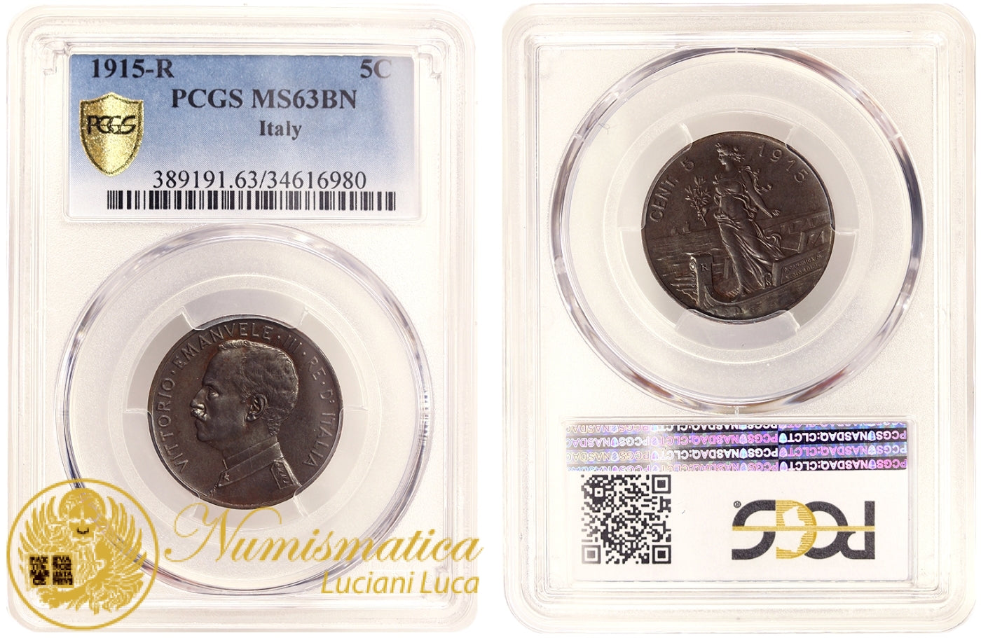 VITTORIO EMANUELE III 5 Centesimi 1915 Italia su Prora PCGS MS63BN #SLAB12