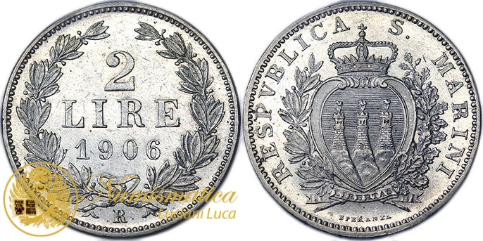 SAN MARINO 2 Lire 1906 Roma Vecchia Monetazione R Q.Fdc #1373