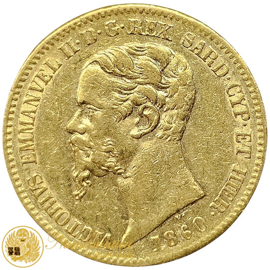 20 Lire 1860 Au Genova Vittorio Emanuele II Regno di Sardegna BB+ #PV243