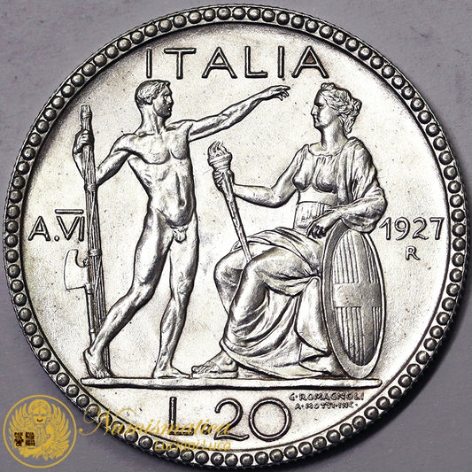 VITTORIO EMANUELE III 20 Lire 1927 Littore Ag Fdc #PV267
