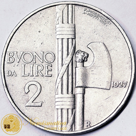 VITTORIO EMANUELE III Buono da 2 Lire 1927 Fascio nichel BB+ Molto Raro #P602