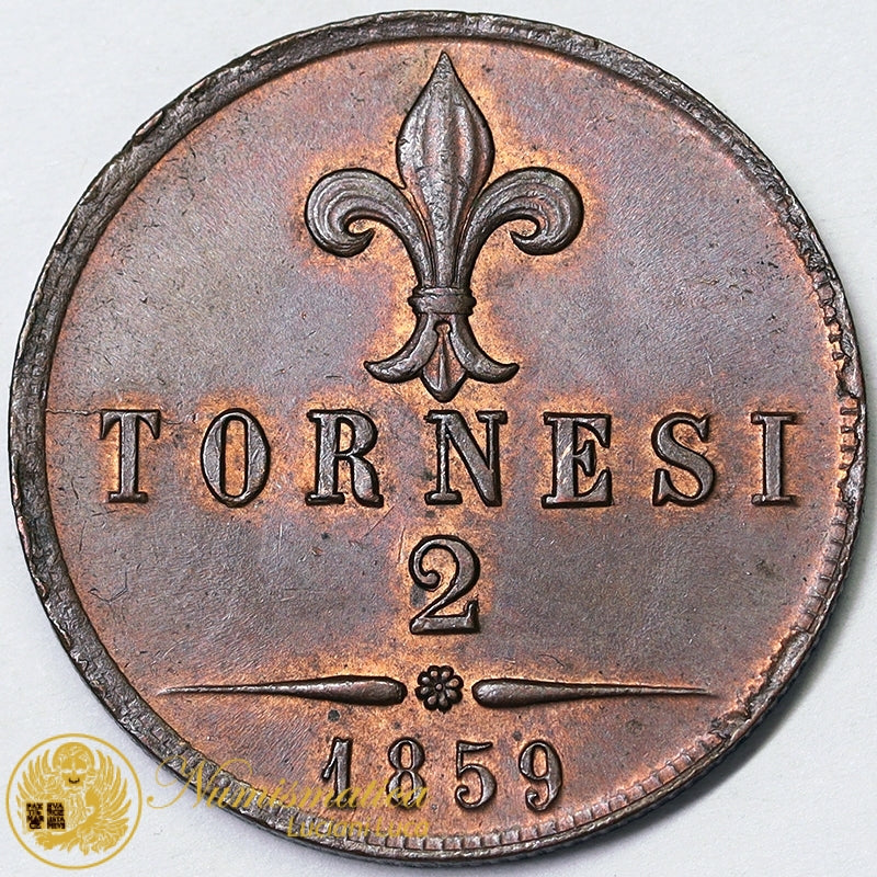 REGNO DUE SICILIE 2 Tornesi 1859 NAPOLI Francesco II di Borbone 1859-60 rame rosso Fdc #PV43