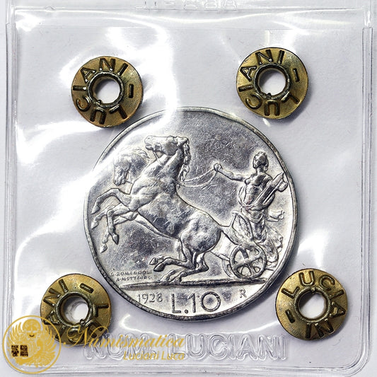 VITTORIO EMANUELE III 10 Lire 1928 Biga ** 2 Rosette Ag R3 Q.BB #P338