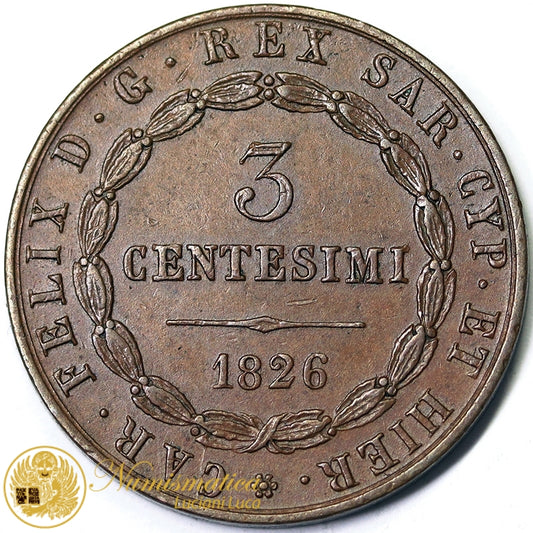 REGNO 3 Centesimi 1826 Bologna CARLO FELICE 1821-31 Rame SPL/FDC #1902