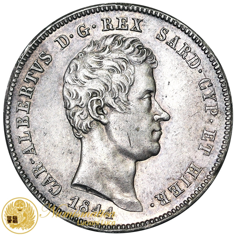 REGNO DI SARDEGNA Carlo Alberto 2 LIRE 1844 Genova RR argento Spl/Q.Fdc #PV358