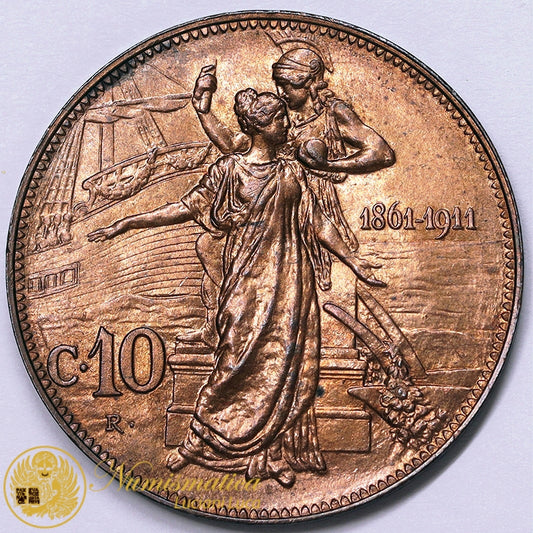 VITTORIO EMANUELE III 10 Centesimi 1911 Cinquantenario FDC Raro in questa conservazione Rame #PV449