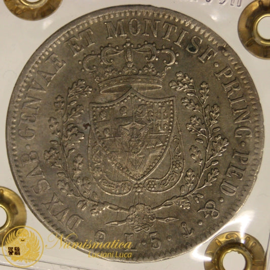 REGNO DI SARDEGNA 5 Lire 1828 GENOVA Carlo Felice 1821-31 Ag Q.Spl #PV419