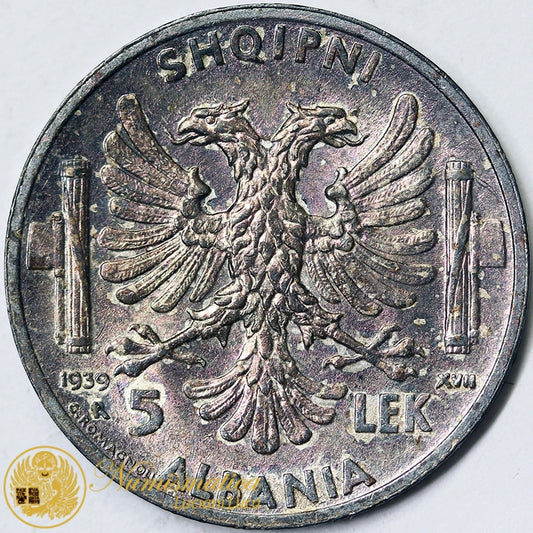 ALBANIA 5 Lek 1939 VITTORIO EMANUELE III Ag Q.Spl #P506