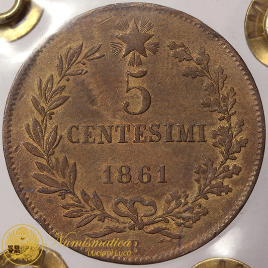 VITTORIO EMANUELE II 5 centesimi 1861 BOLOGNA rame rosso Spl/Spl+ MOLTO RARO #PV751