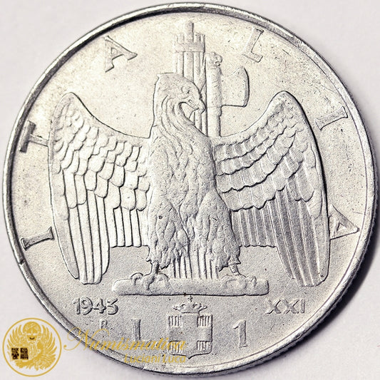 VITTORIO EMANUELE III 1 Lira 1943 Impero Anno XXI Roma Acmonital Spl- #889