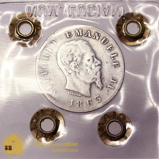 VITTORIO EMANUELE II 1 Lira 1863 Torino Valore Ag R3 MB #PV222