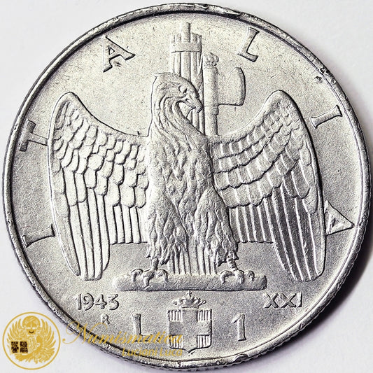 VITTORIO EMANUELE III 1 Lira 1943 Roma Impero BB/Q.SPL #2291