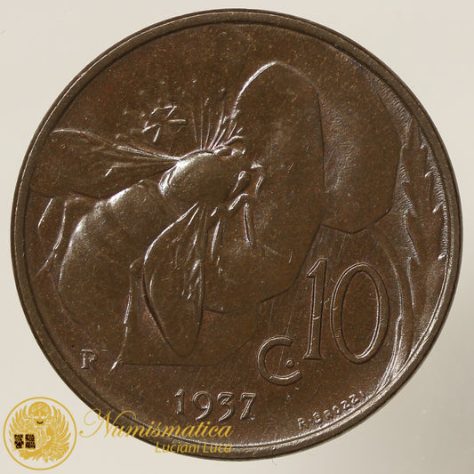 VITTORIO EMANUELE III 10 Centesimi 1937 Fdc rame rosso scuro Fdc #PV231